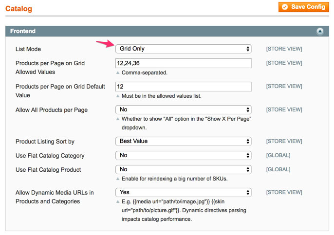 A screenshot showing how to turn off list view in the admin panel of Magento 1