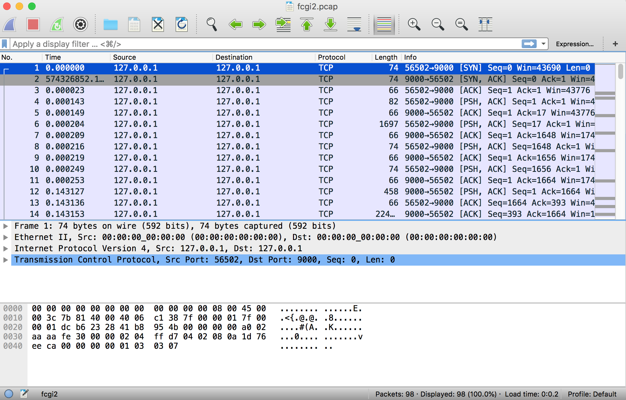 Screenshot showing a FastCGI pcap in Wireshark without proper FastCGI info