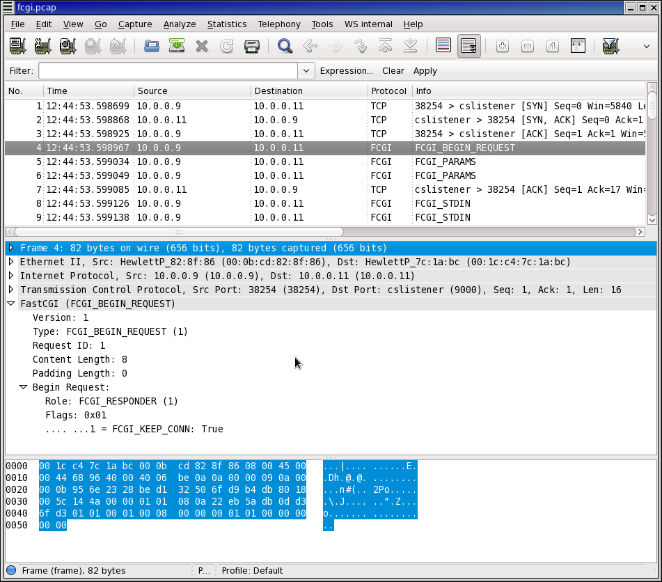 Image from Wireshark FastCGI Wiki showing pcap with detailed FastCGI info