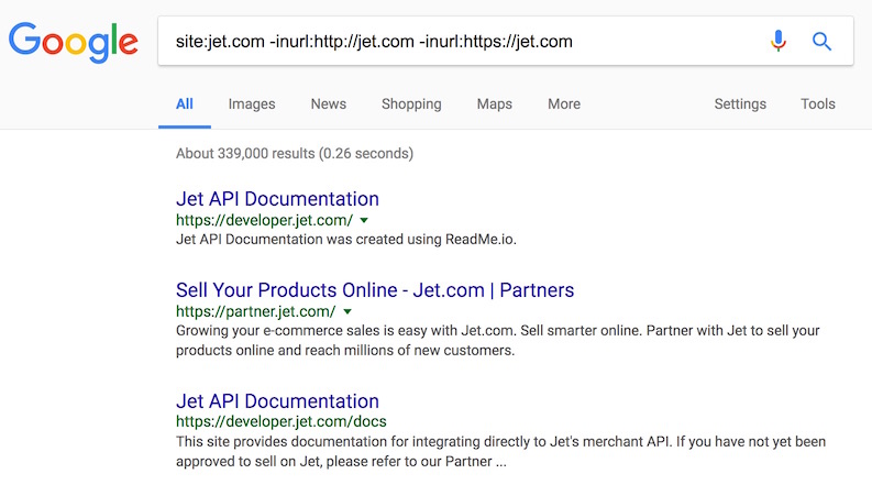 Googling for Jet.com with naked domain filtered
