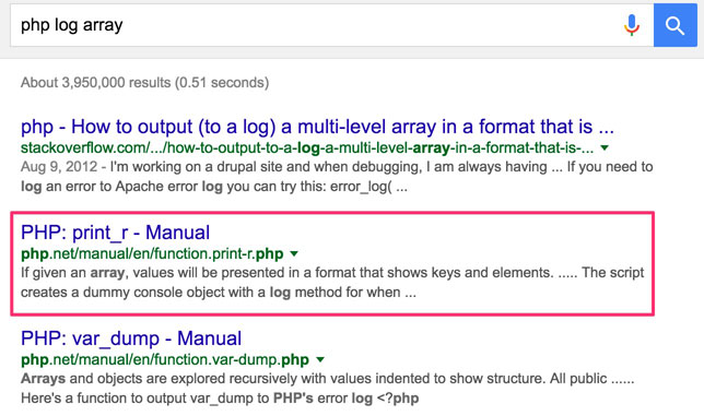 Log PHP Array Google Search Results