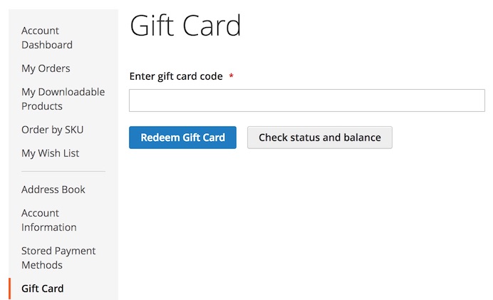 A screenshot showing the UI for gift card account redemption