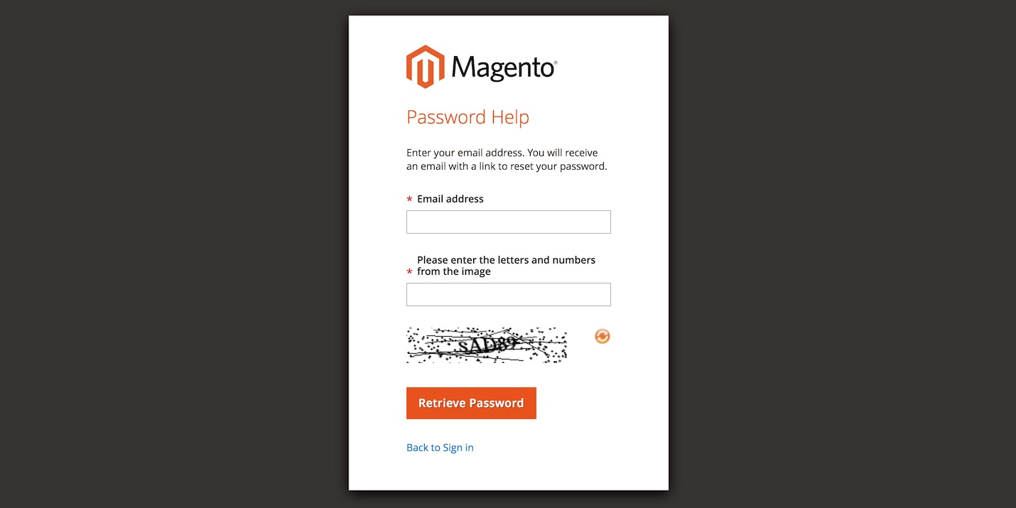 Magento 2's password reset screen.