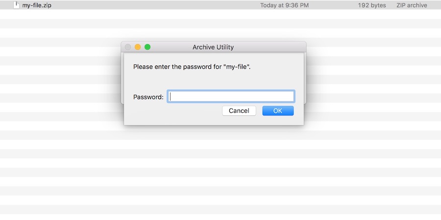 A screenshot showing the unzipping an encrypted zip file on a Mac