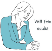 Image of lady sitting in meeting asking "Will this scale?"