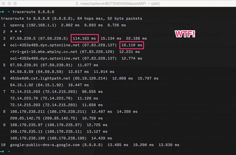 Traceroute time goes down between hops