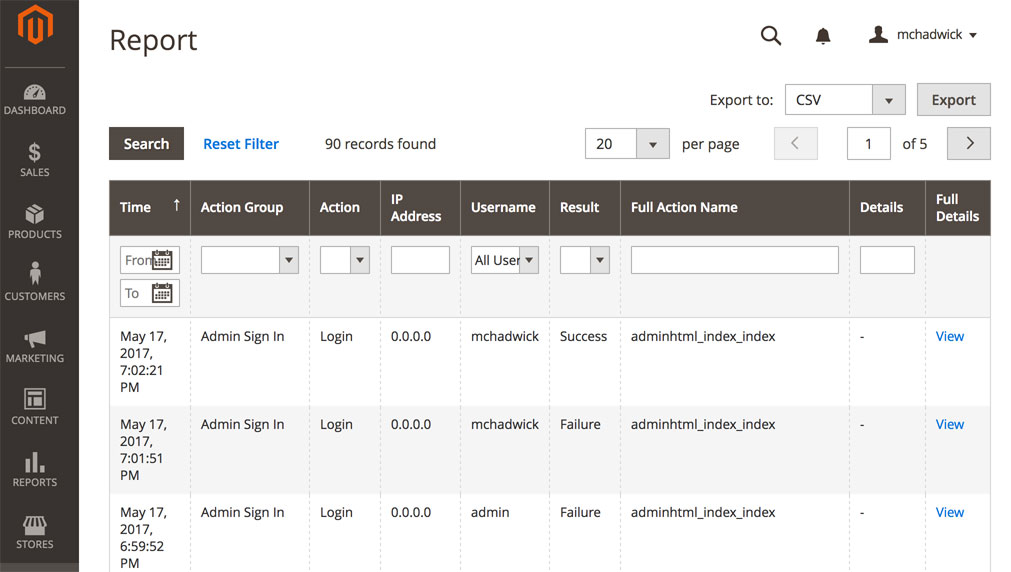 A screenshot showing the admin actions log