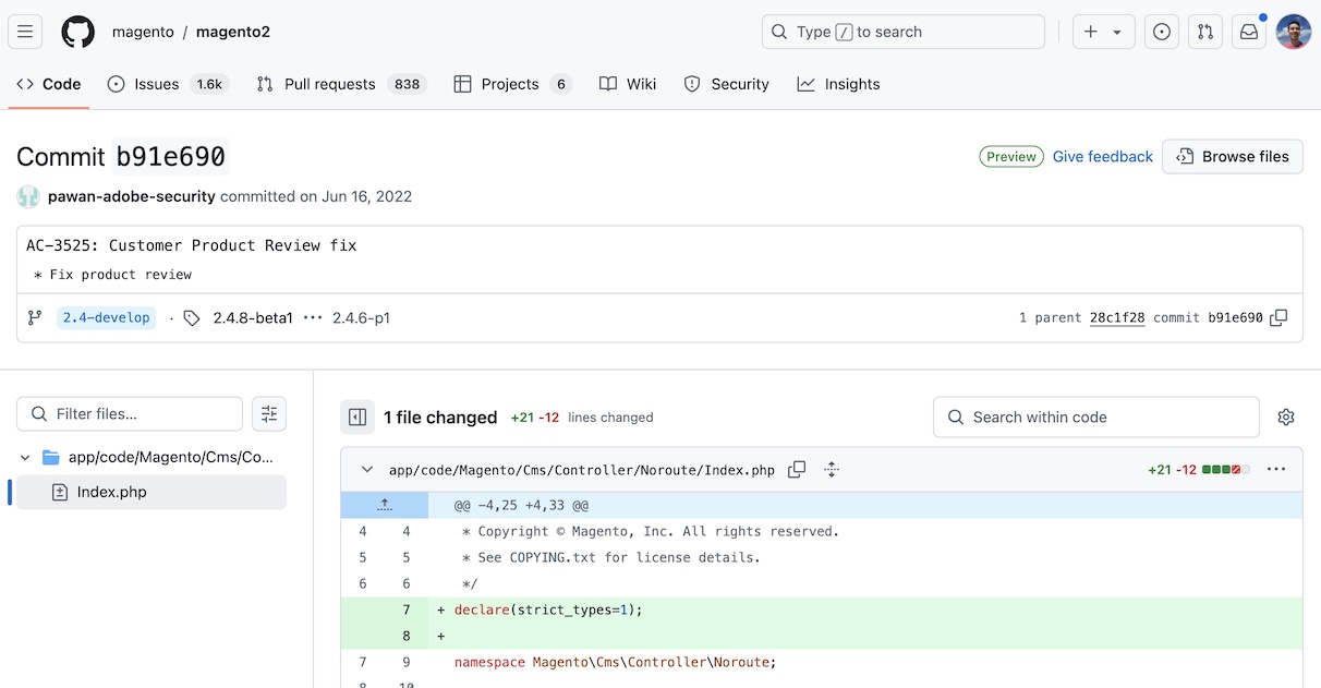 Screenshot of commit