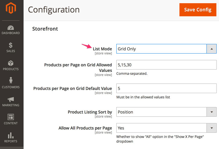 A screenshot showing how to turn off list view in the admin panel of Magento 2