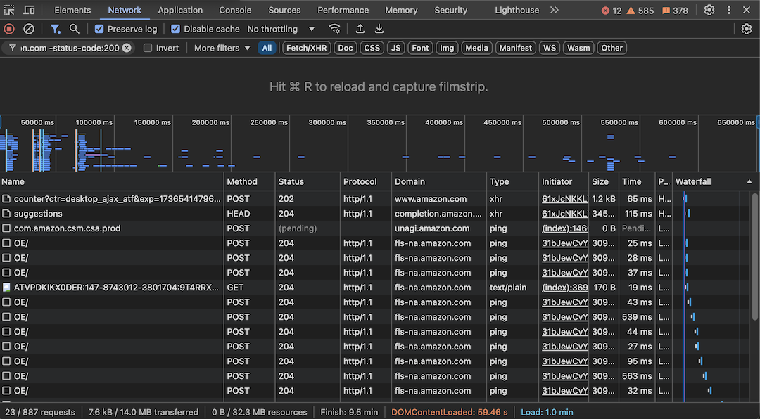 Screenshot of filtering in DevTools network panel