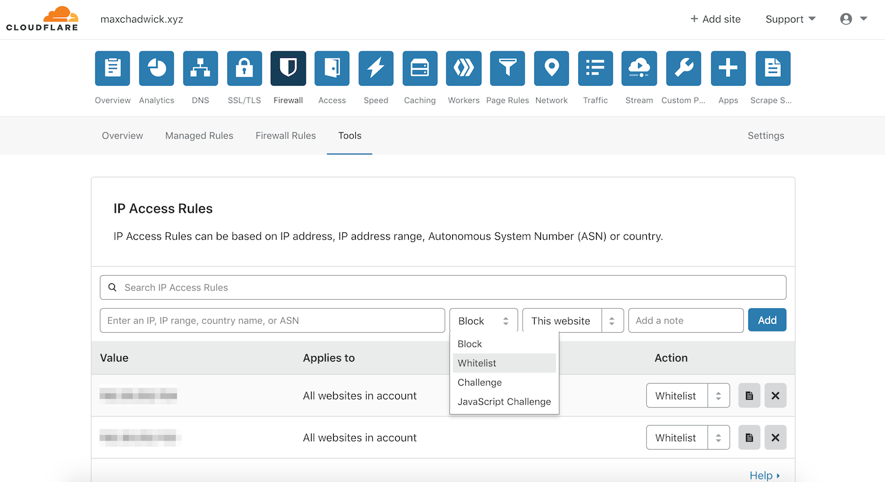 Screenshot showing setting up an IP Access Rule in Cloudflare