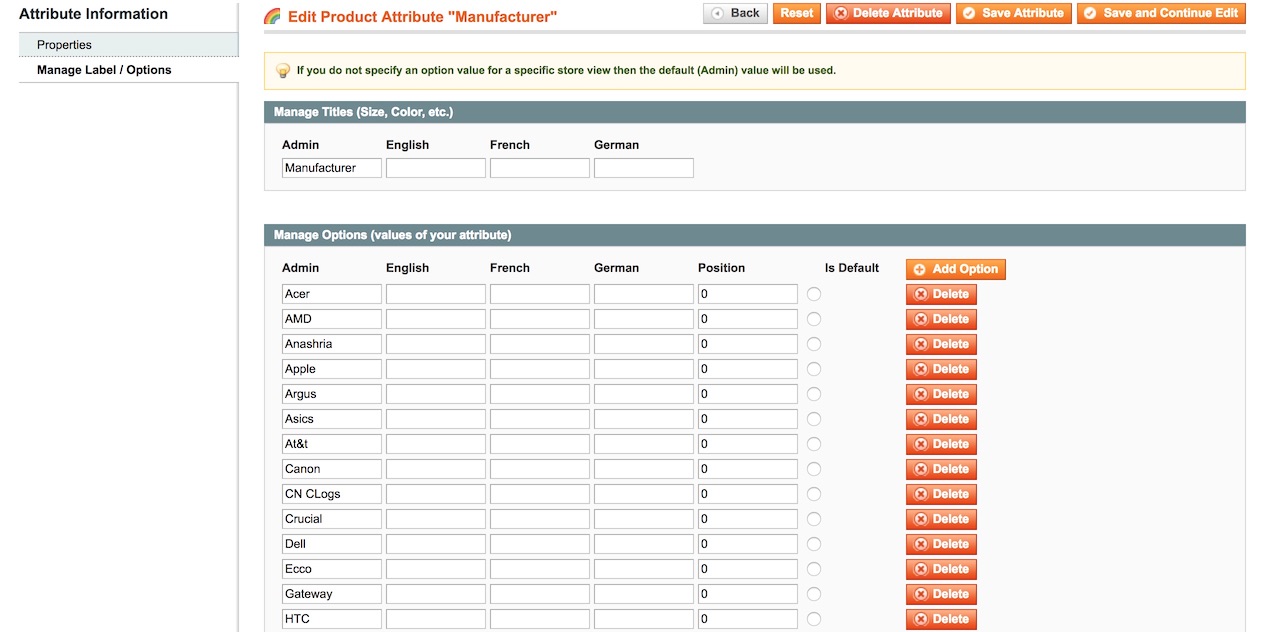 The attribute option edit screen in Magento 1