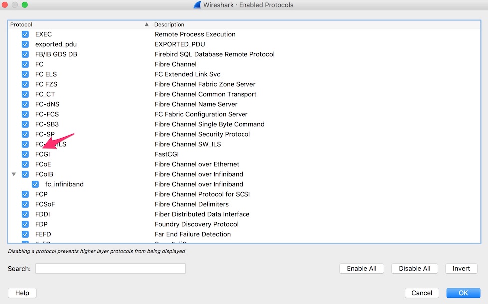 Wireshark's Enabled Protocols menu
