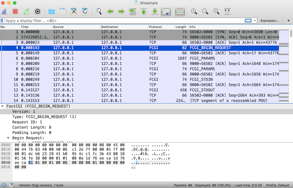 FastCGI packets with FastCGI info in Wireshark