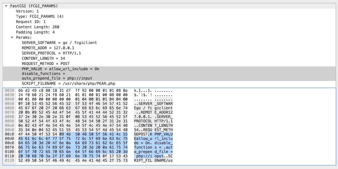 Screenshot showing an FCGI_PARAMS record in Wireshark