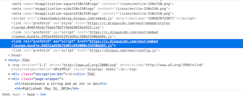 Screenshot of HTML document showing Disqus prefetch link tag