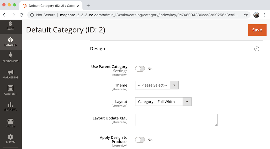 Screenshot of design tab on category edit screen in Magento v2.3.3