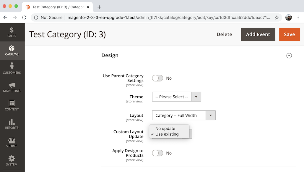 Screenshot of design tab on category edit screen in Magento v2.3.4