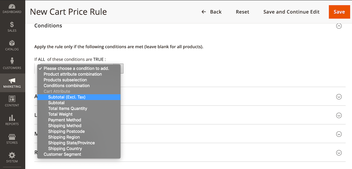 Screenshot showing options from conditions dropdown when configuring cart price rule in Magento