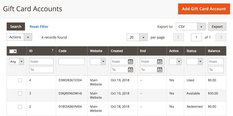 Screenshot of the gift card accounts grid in the Magento 2 admin panel