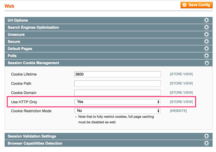 A screenshot showing the Use HTTP Only cookie setting in the Magento 1 admin panel