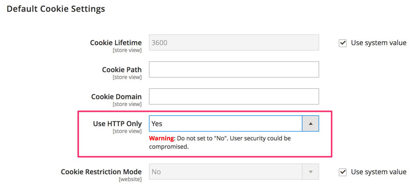 A screenshot showing the Use HTTP Only cookie setting in the Magento 2 admin panel