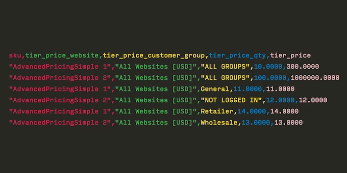 Screenshot showing rainbow_csv highlighting for advanced pricing csv data