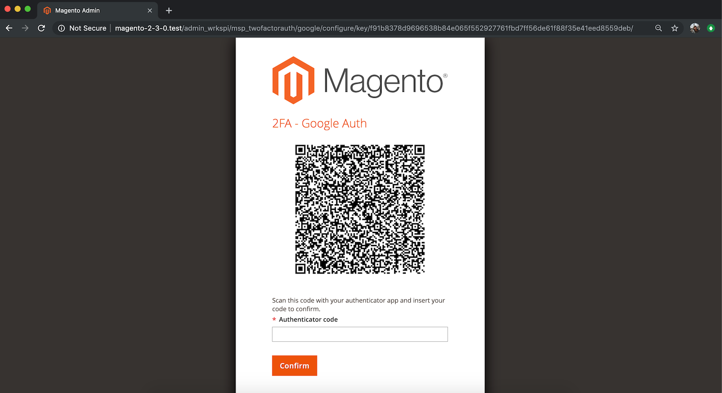 Screenshot showing Magento's 2FA Google Authenticator setup screen