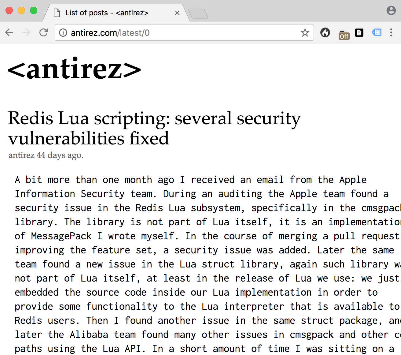 Screenshot of antirez.com homepage